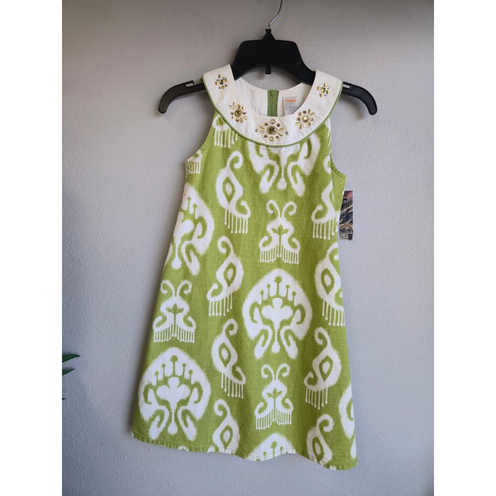 Gymboree Girls Green White Ikat Bejeweled Collar Sleeveless Dress Size 8 2010